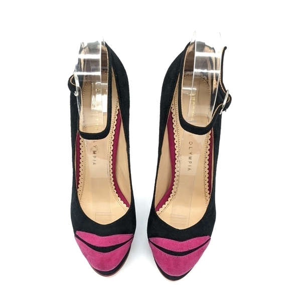 CHARLOTTE OLYMPIA Kiss Me Dolores Black & Pink Suede Pumps | Retro Glam | Size 6 - Picture 4 of 11